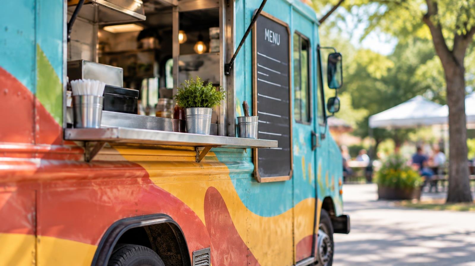 Colorful food truck with open service window parked on pavement outdoors.