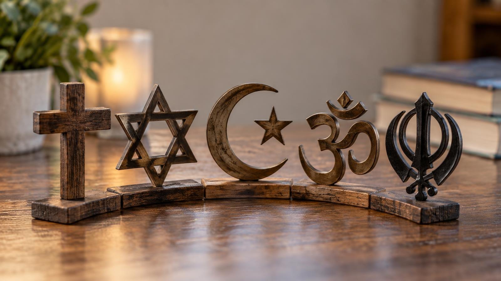 A circle of religious symbols including a cross, Star of David, crescent, Om, and Khanda on a neutral surface.