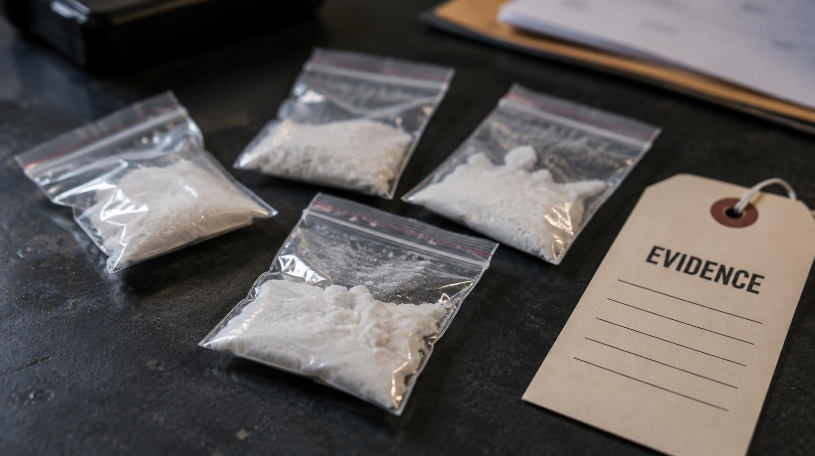 Clear plastic evidence bags containing white powder laid out on a dark surface.