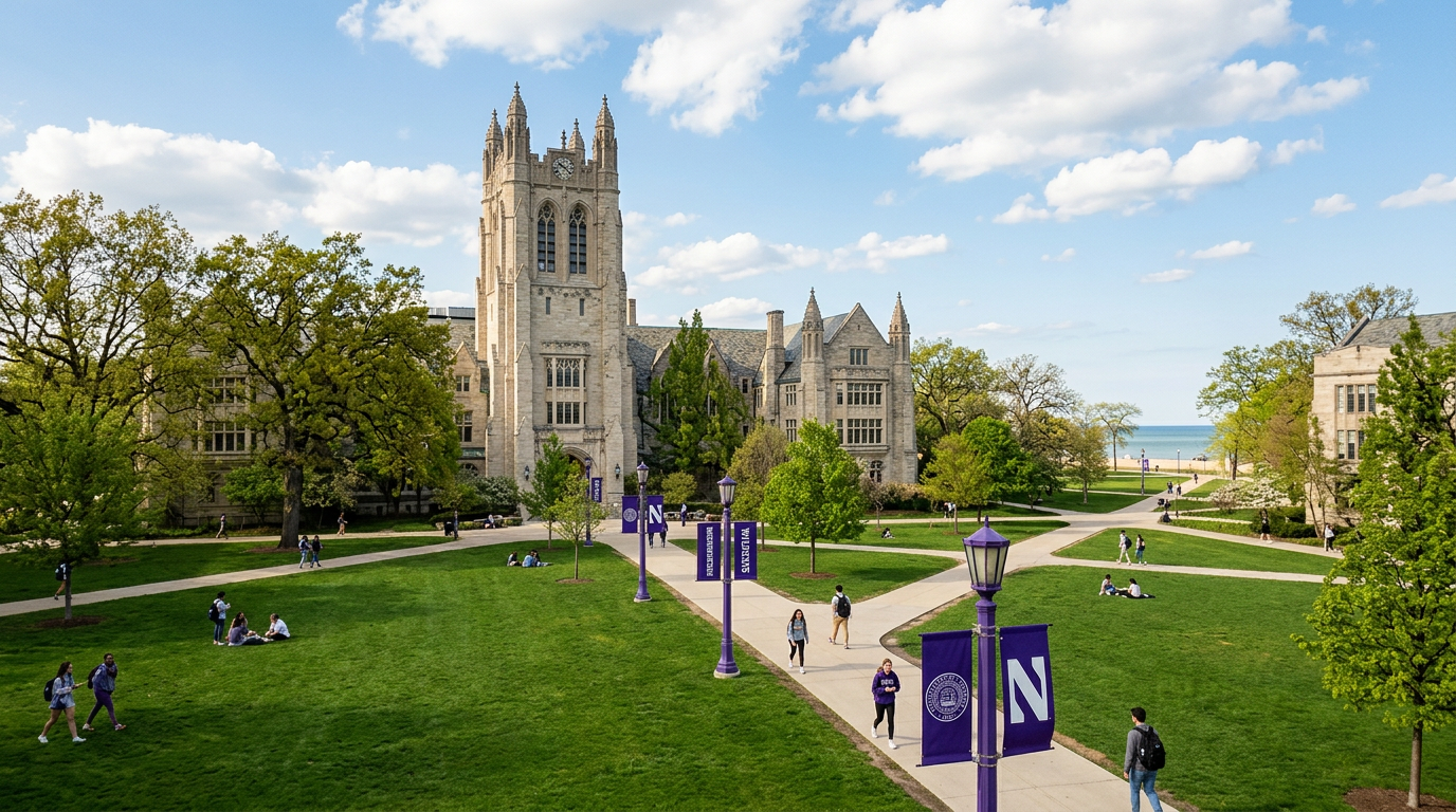 Gothic stone university buildings and green quad on a sunny spring day with purple banners on lampposts.