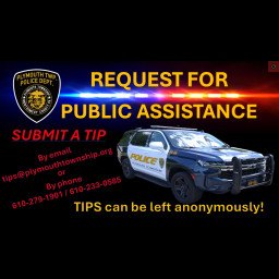 Police department flyer showing a marked patrol SUV and tip line contact information.