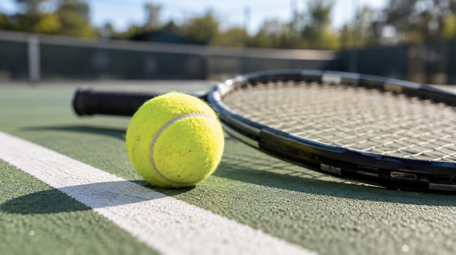 Yellow tennis ball and racket resting on a green hard court beside a white baseline.