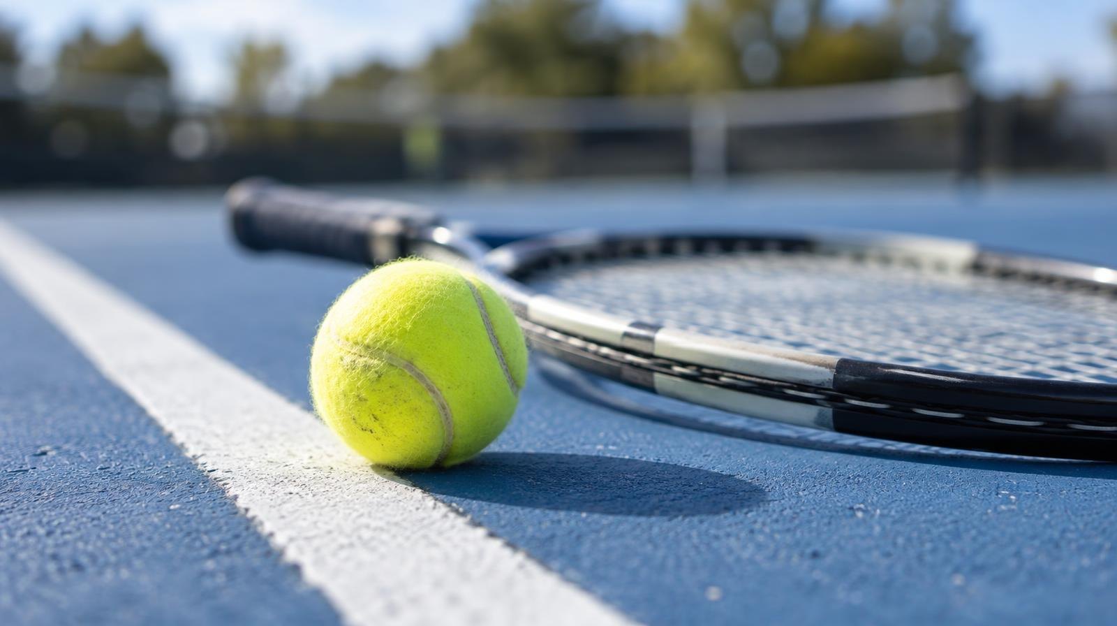 Yellow tennis ball and racket lying on a blue hard-court surface near a white baseline.