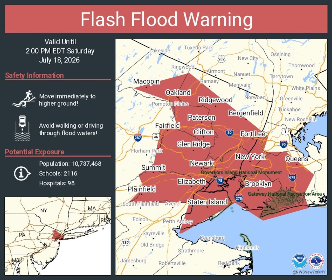 National Weather Service flash flood warning map showing northern New Jersey counties highlighted in red.