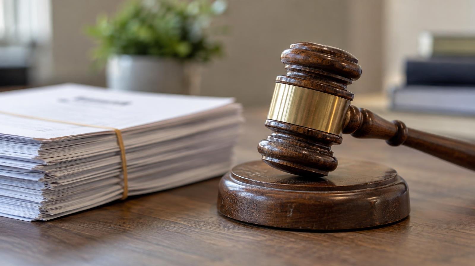 A wooden gavel rests on its sound block beside a small stack of documents.