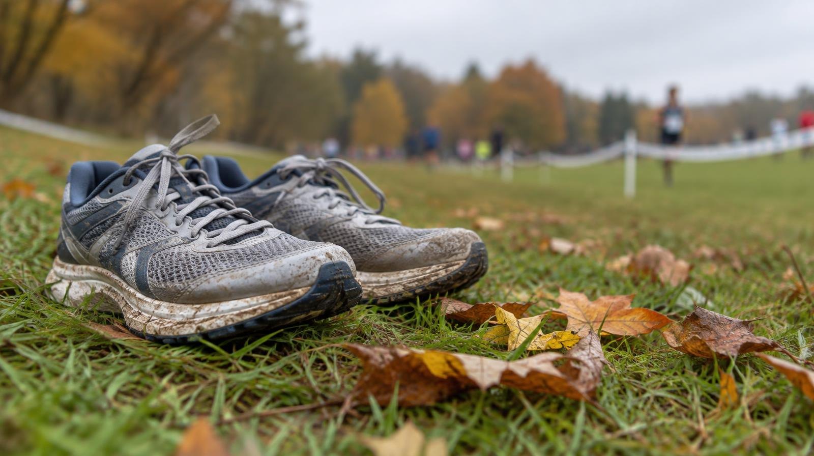 A pair of running shoes on grass surrounded by fallen autumn leaves.