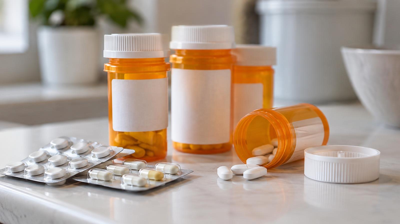 Orange prescription pill bottles and blister packs of tablets on a white surface.