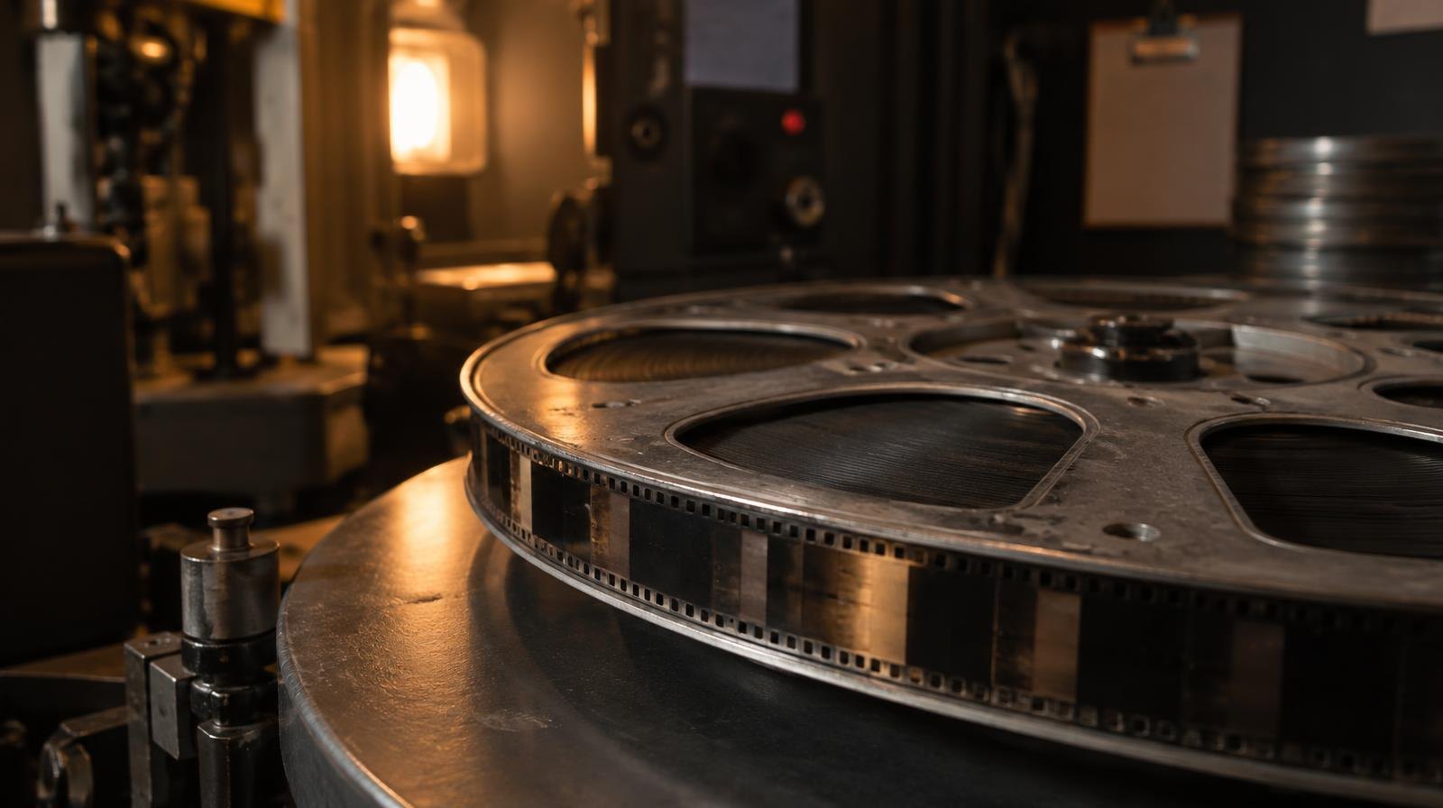 Large-format film reel on a projector platter in a dimly lit projection booth.