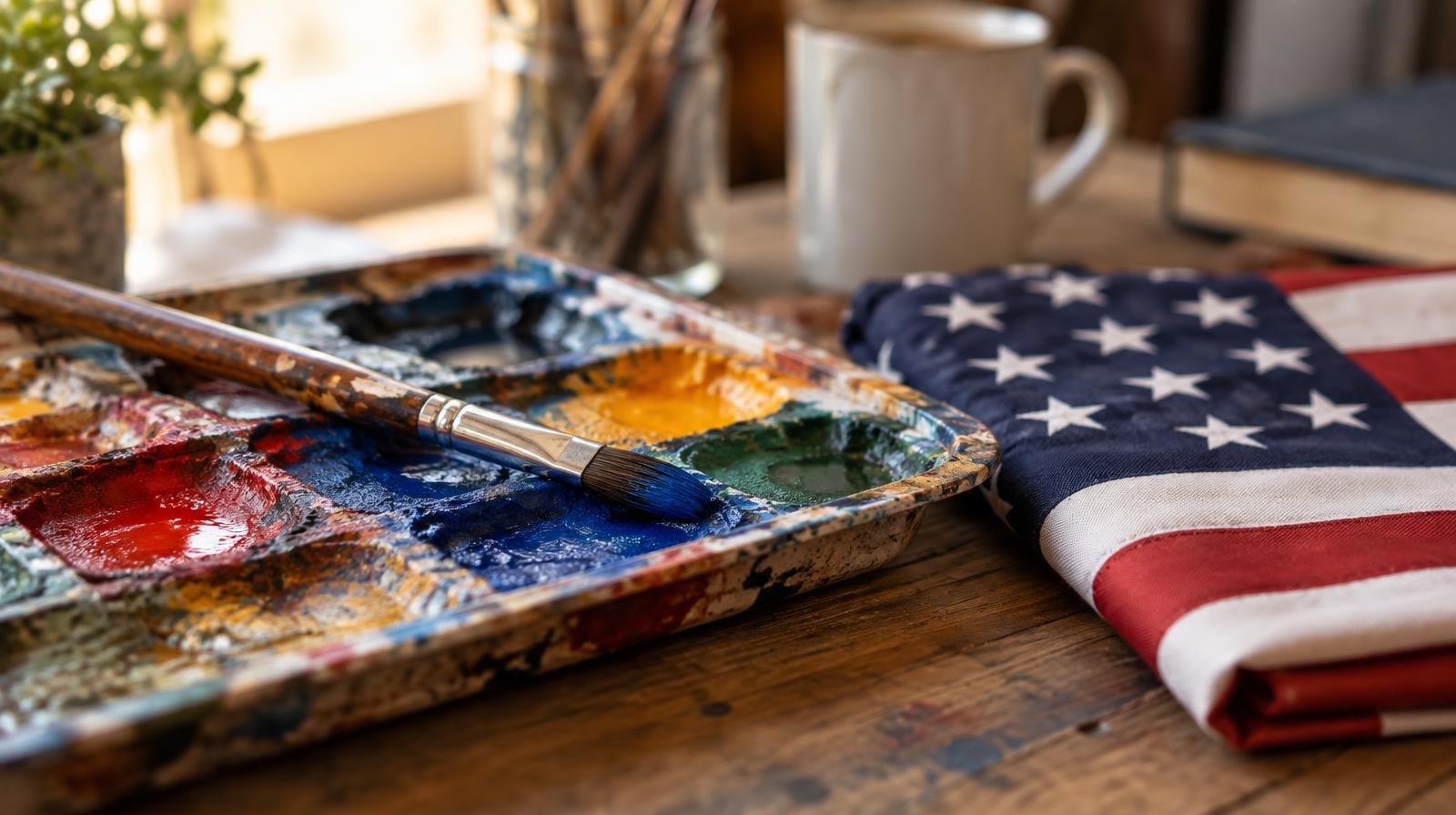 A paintbrush rests on a colorful paint palette next to a folded American flag.