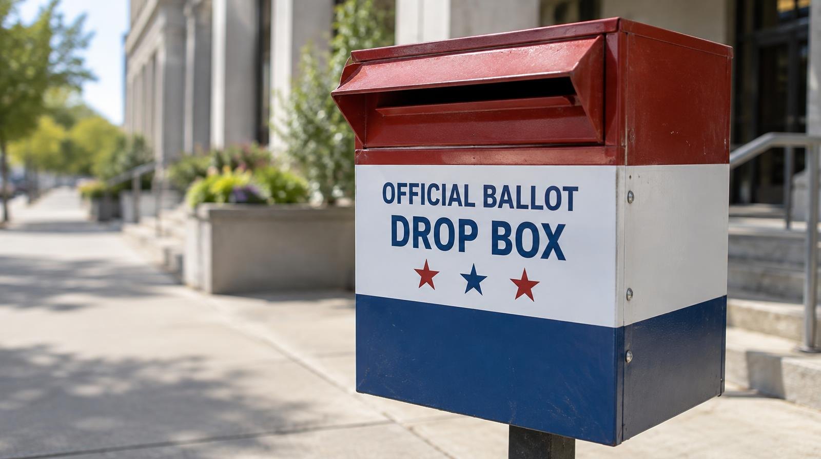 A red, white, and blue ballot drop box mounted on a post on a sunny sidewalk.