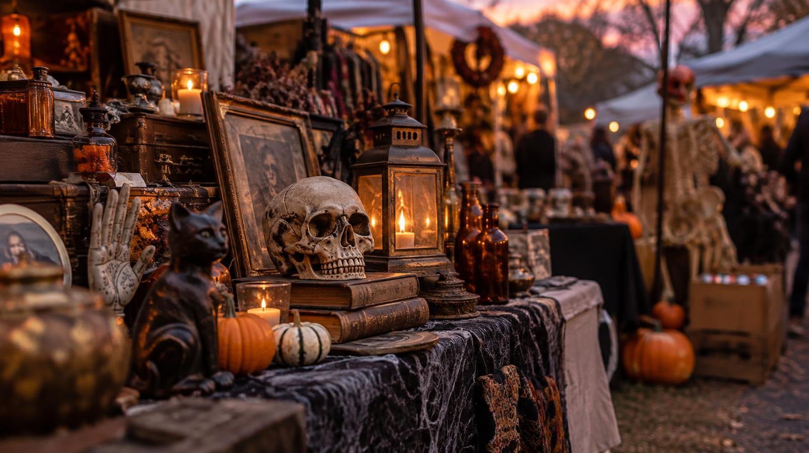Outdoor flea market stall with Halloween decorations and vintage collectibles on tables.