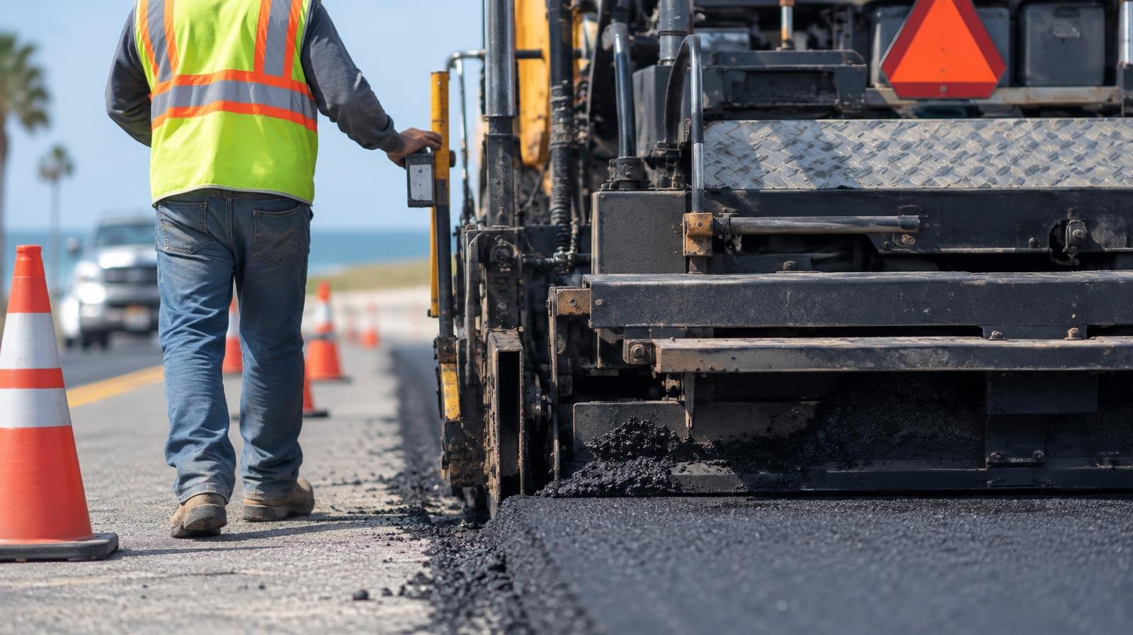 Asphalt paving machine laying fresh blacktop on a road lined with orange traffic cones.