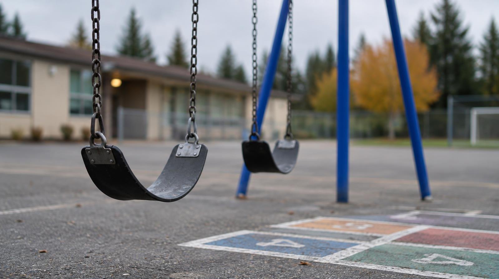 Empty swing set and painted hopscotch grid on a school playground asphalt.
