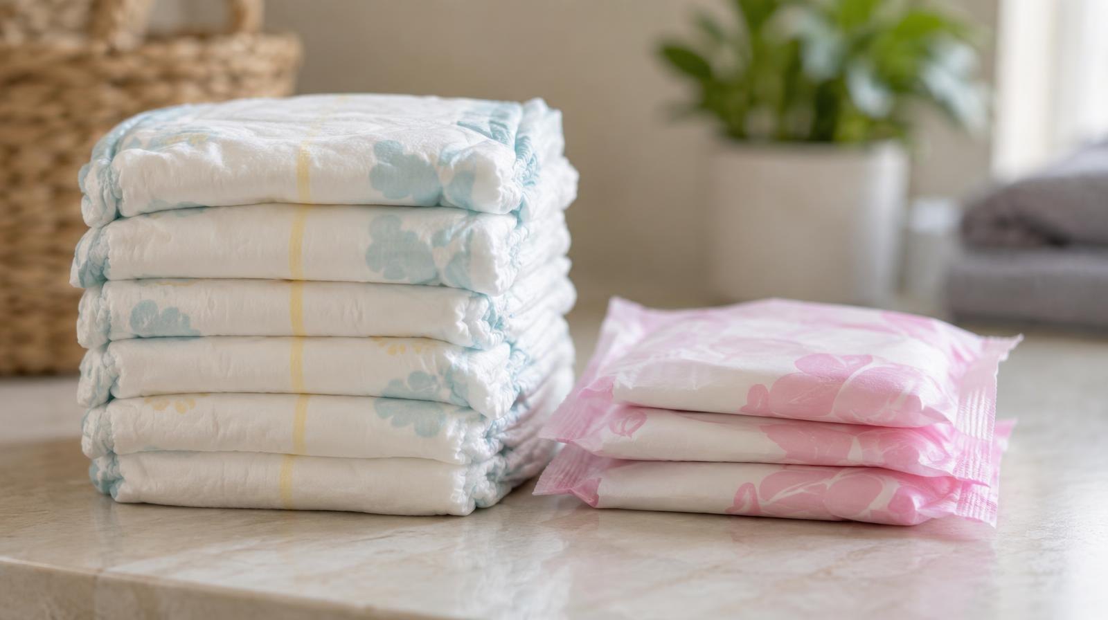 A stack of disposable diapers beside individually wrapped period pads on a surface.