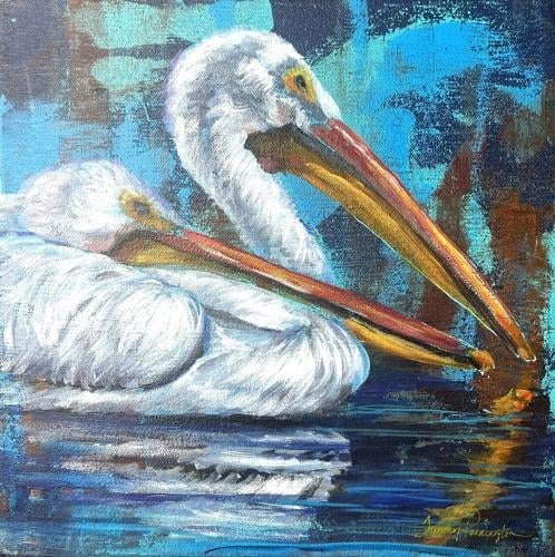 Painting of two white pelicans on blue water, rendered in acrylic on canvas.