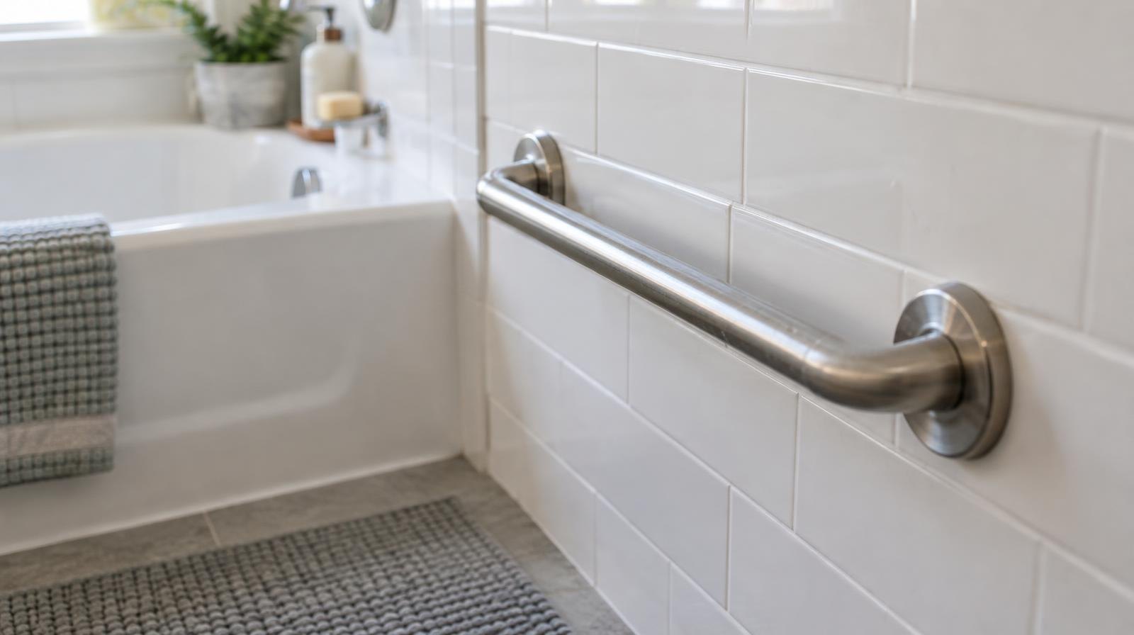 Stainless steel grab bar mounted on a white tiled bathroom wall beside a bathtub.