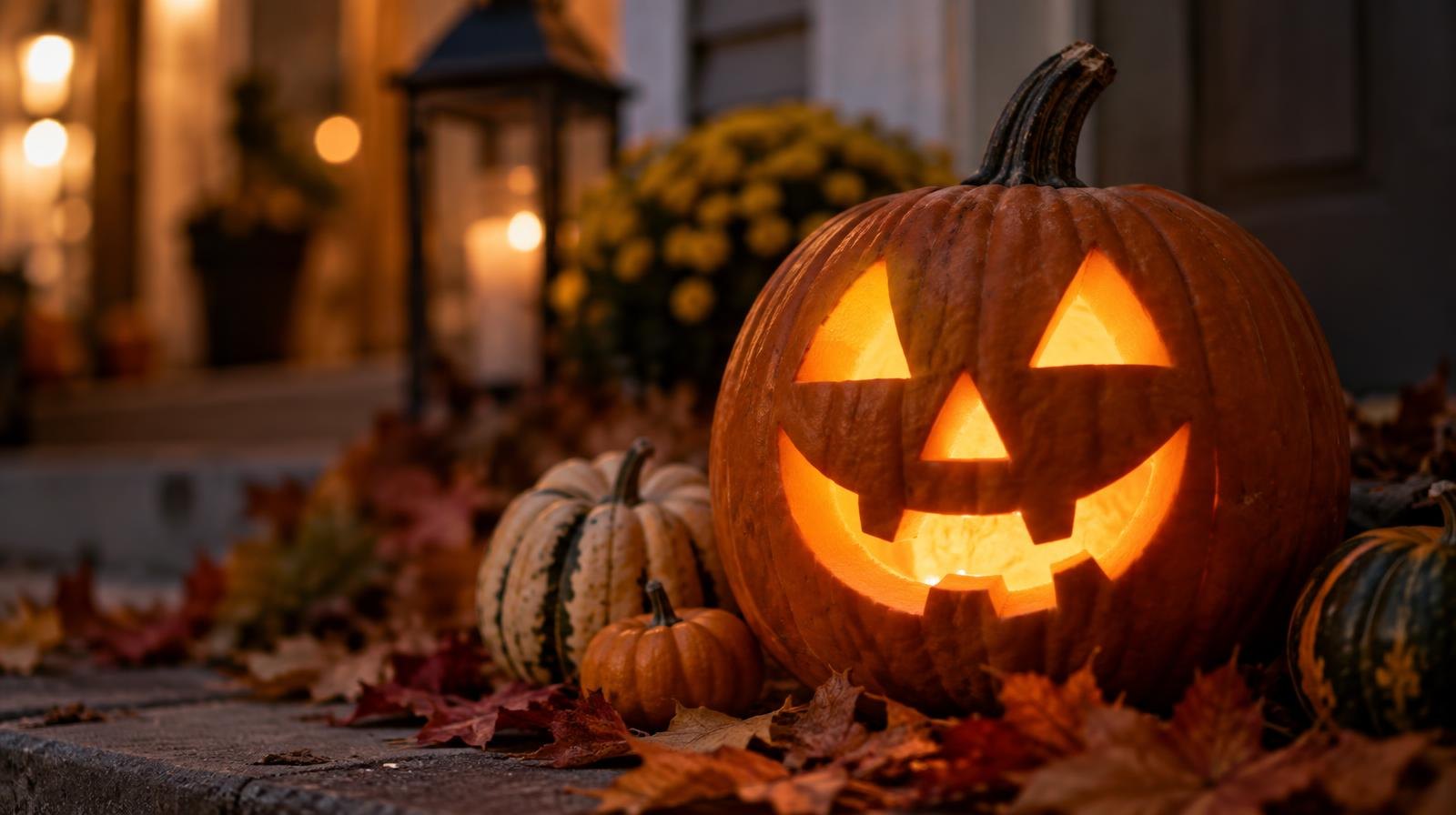 A carved pumpkin glowing orange in the dark, surrounded by autumn leaves and small gourds.