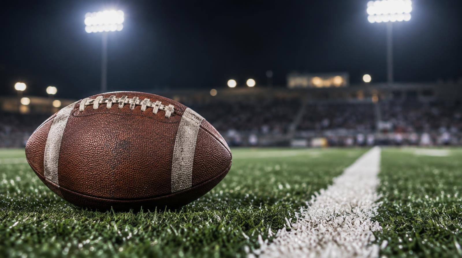 An American football on green artificial turf beside a white yard line under stadium lights.