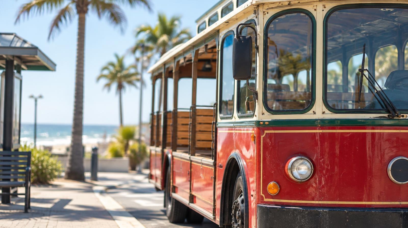 A brightly colored open-air trolley bus parked near palm trees on a sunny street.