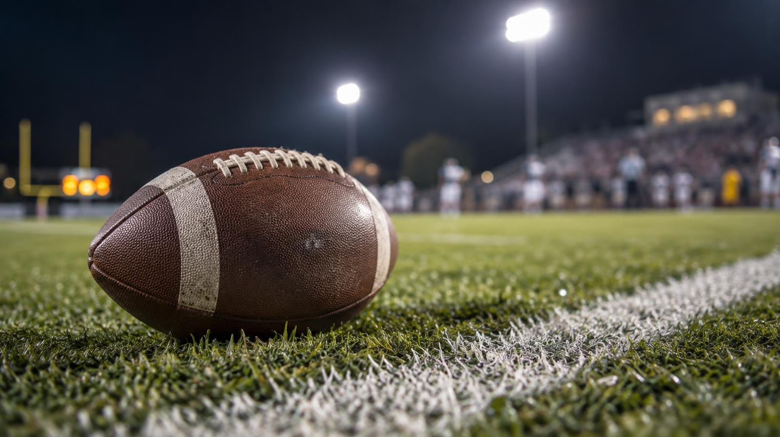 An American football resting on green grass beside a white painted yard line.