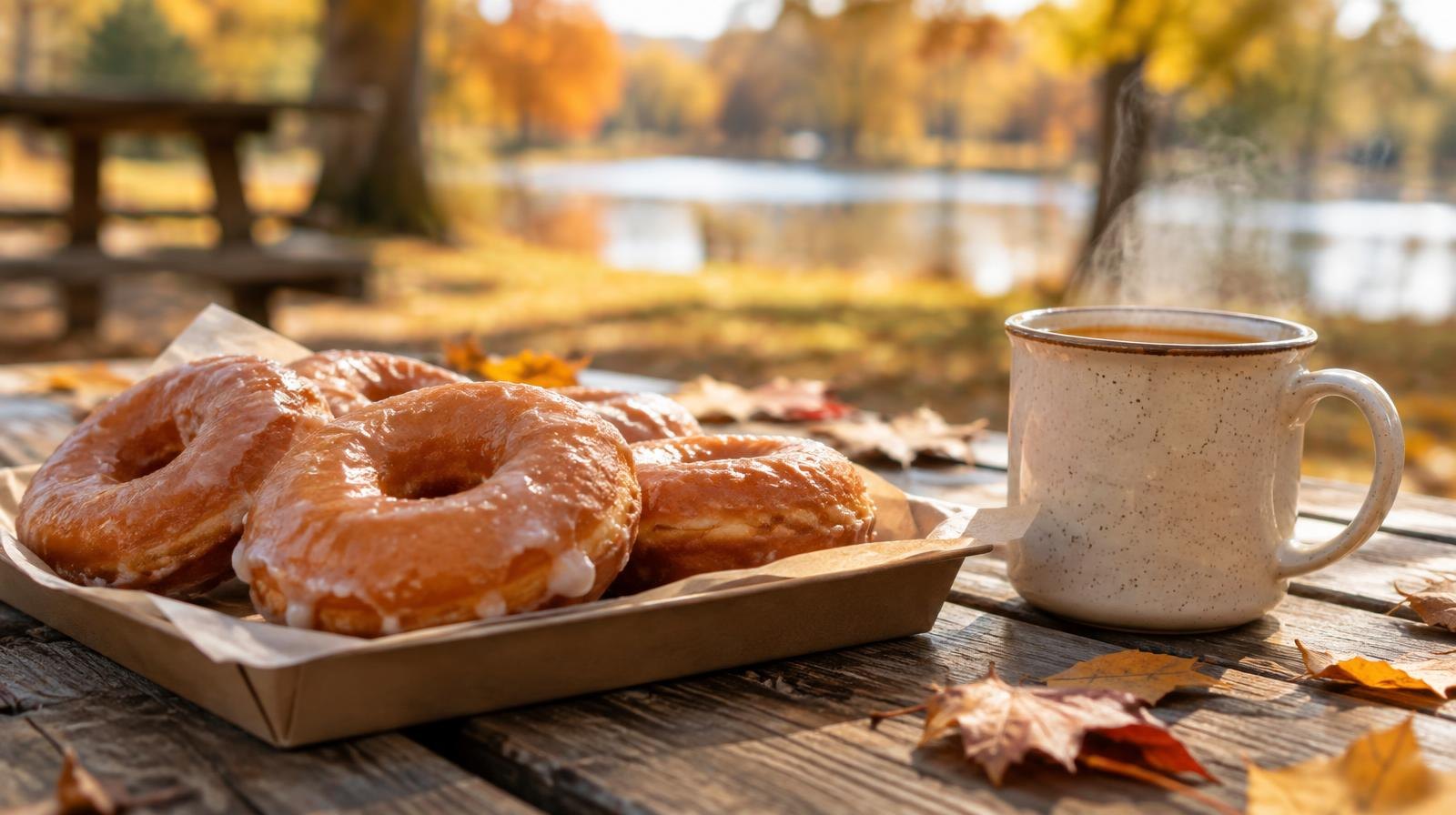 Tray of glazed donuts and a steaming cup of cider on a wooden picnic table outdoors.