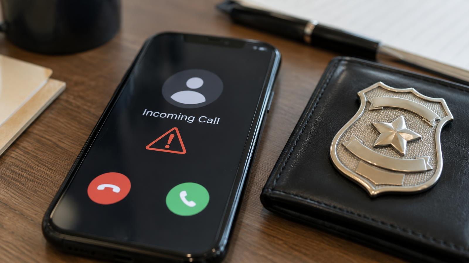 A smartphone showing an incoming call warning alert next to a police badge on a table.