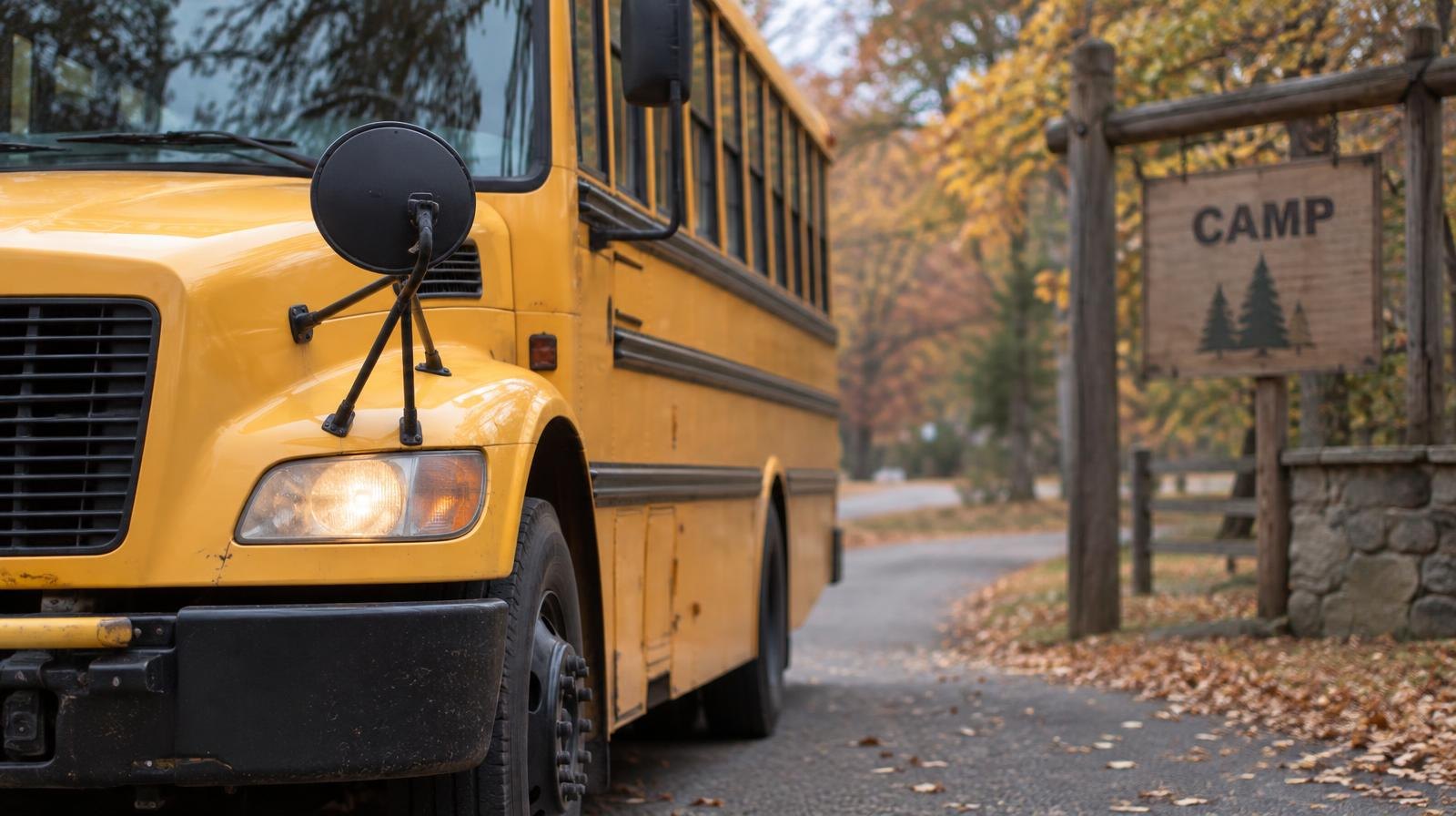 Yellow school bus parked on a tree-lined road beside a wooded camp entrance.