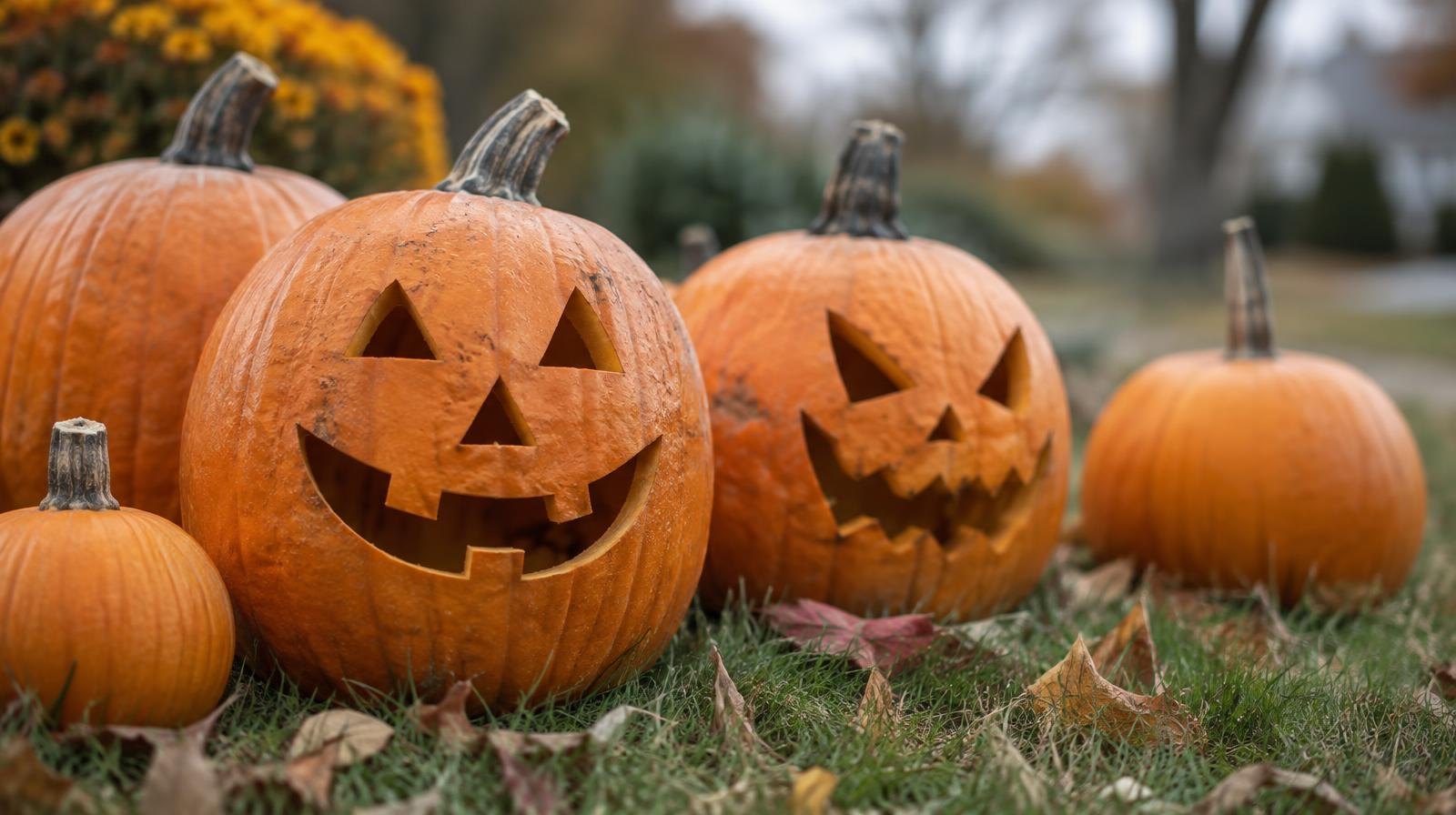 Orange Halloween pumpkins, some carved, resting on grass outdoors.