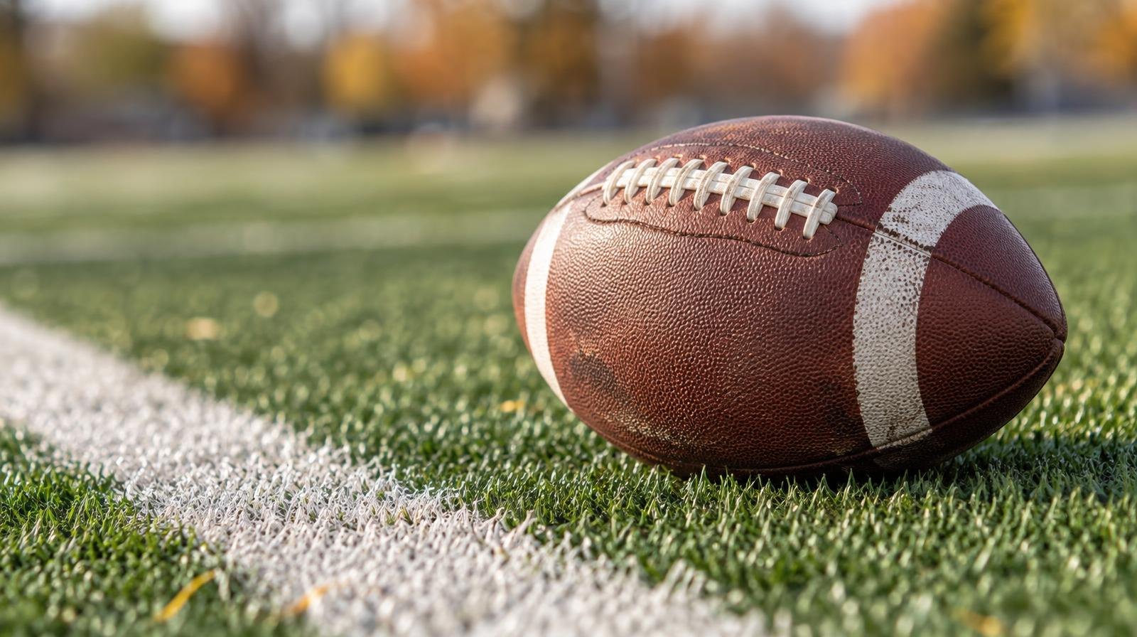 An American football resting on green artificial turf beside a white yard line.