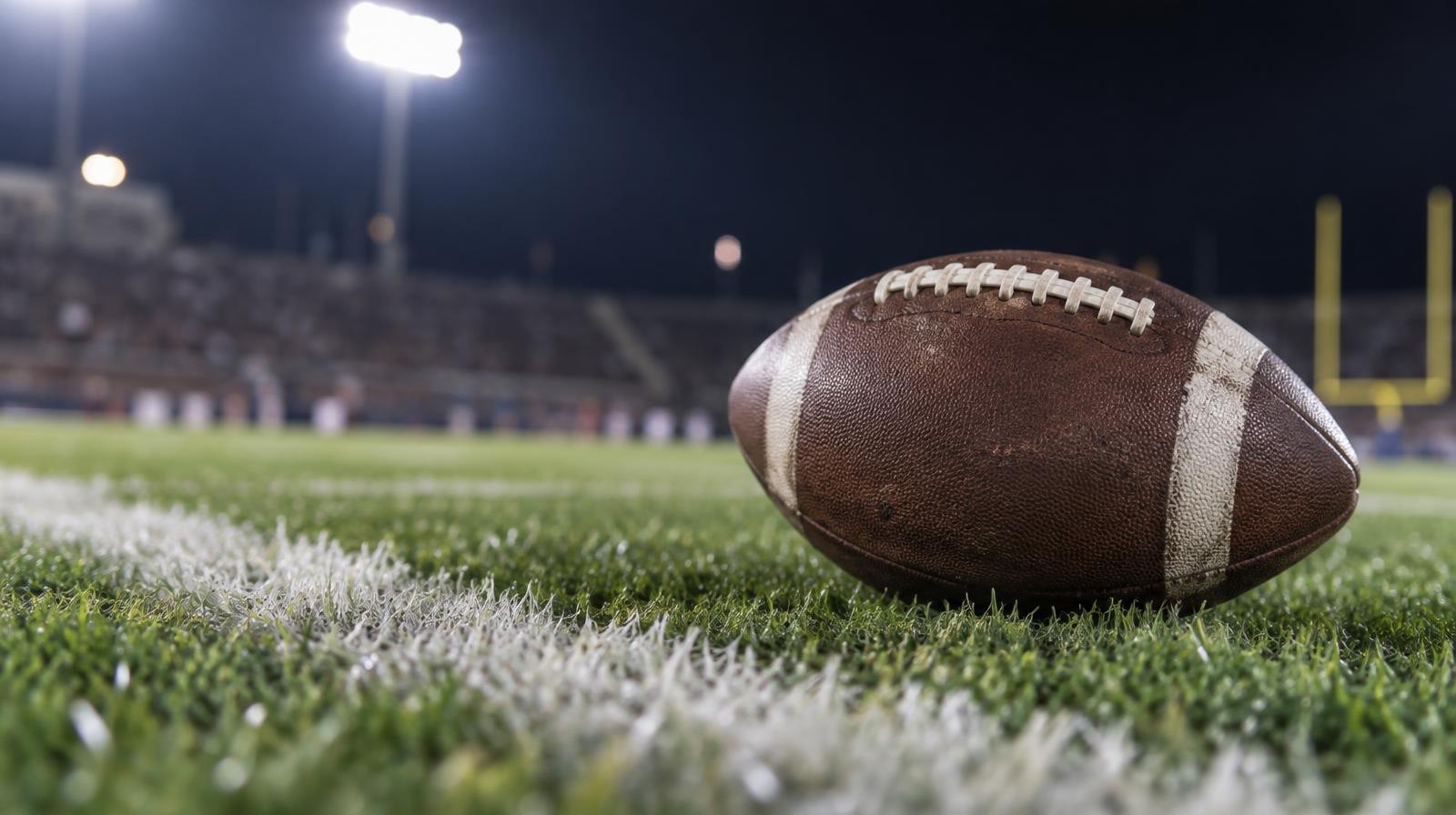 A football resting on green grass beside a white yard line under bright lights.