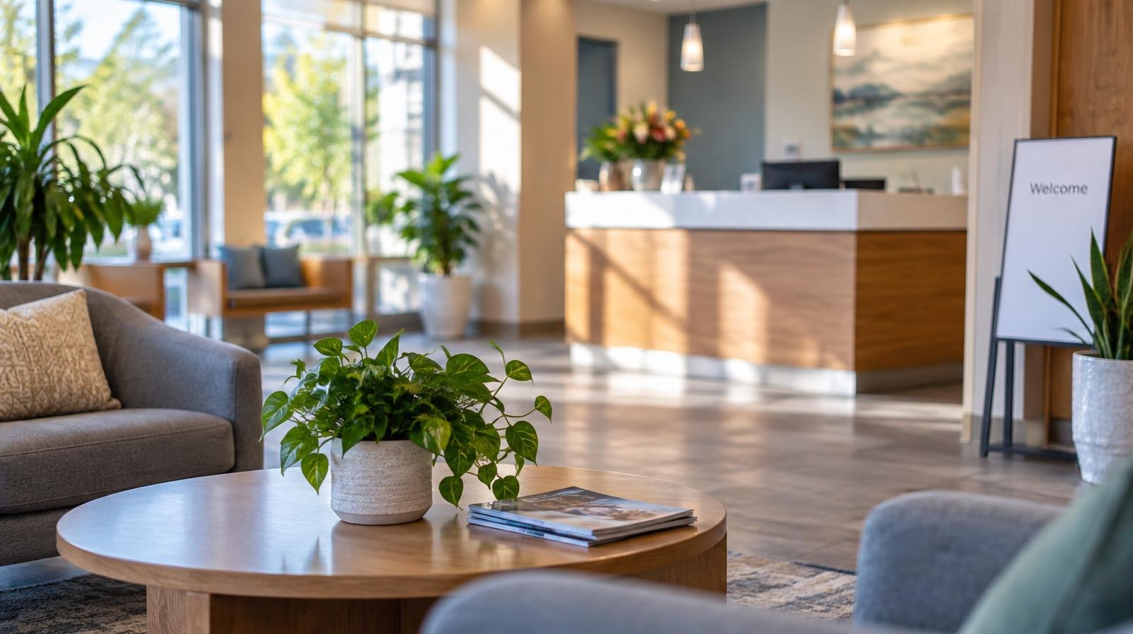 Bright wellness center waiting area with chairs, plants, and large windows.