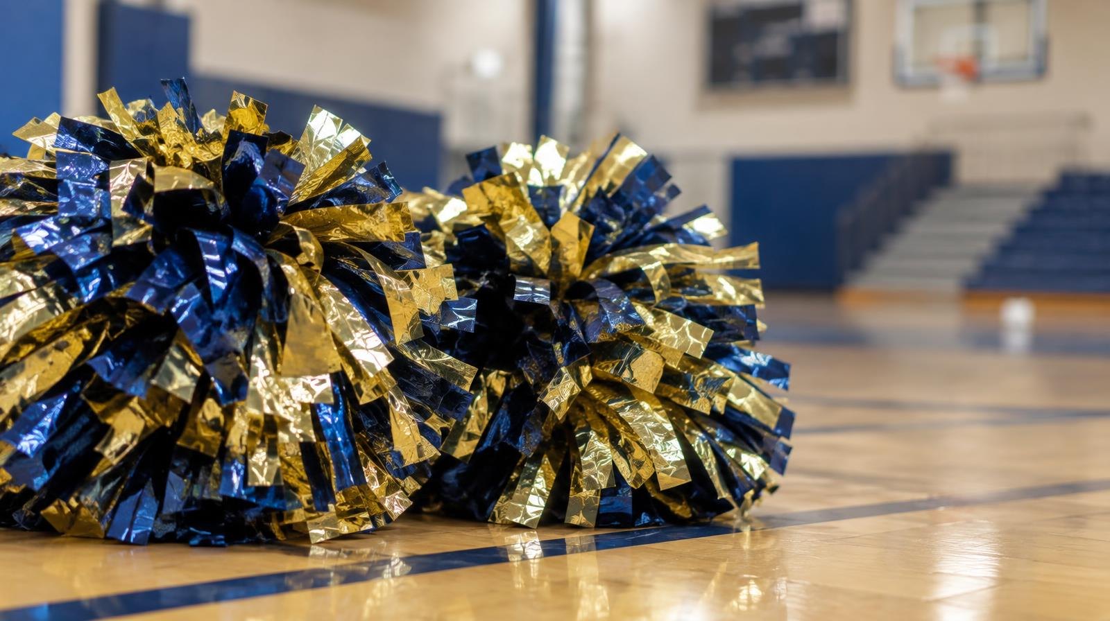 Two metallic blue and gold cheerleading pom-poms resting on a gymnasium floor.