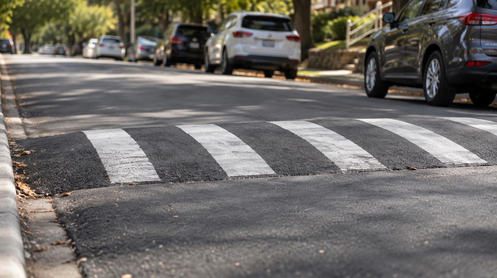 A raised flat-topped speed table with white markings crosses a sunny residential street.