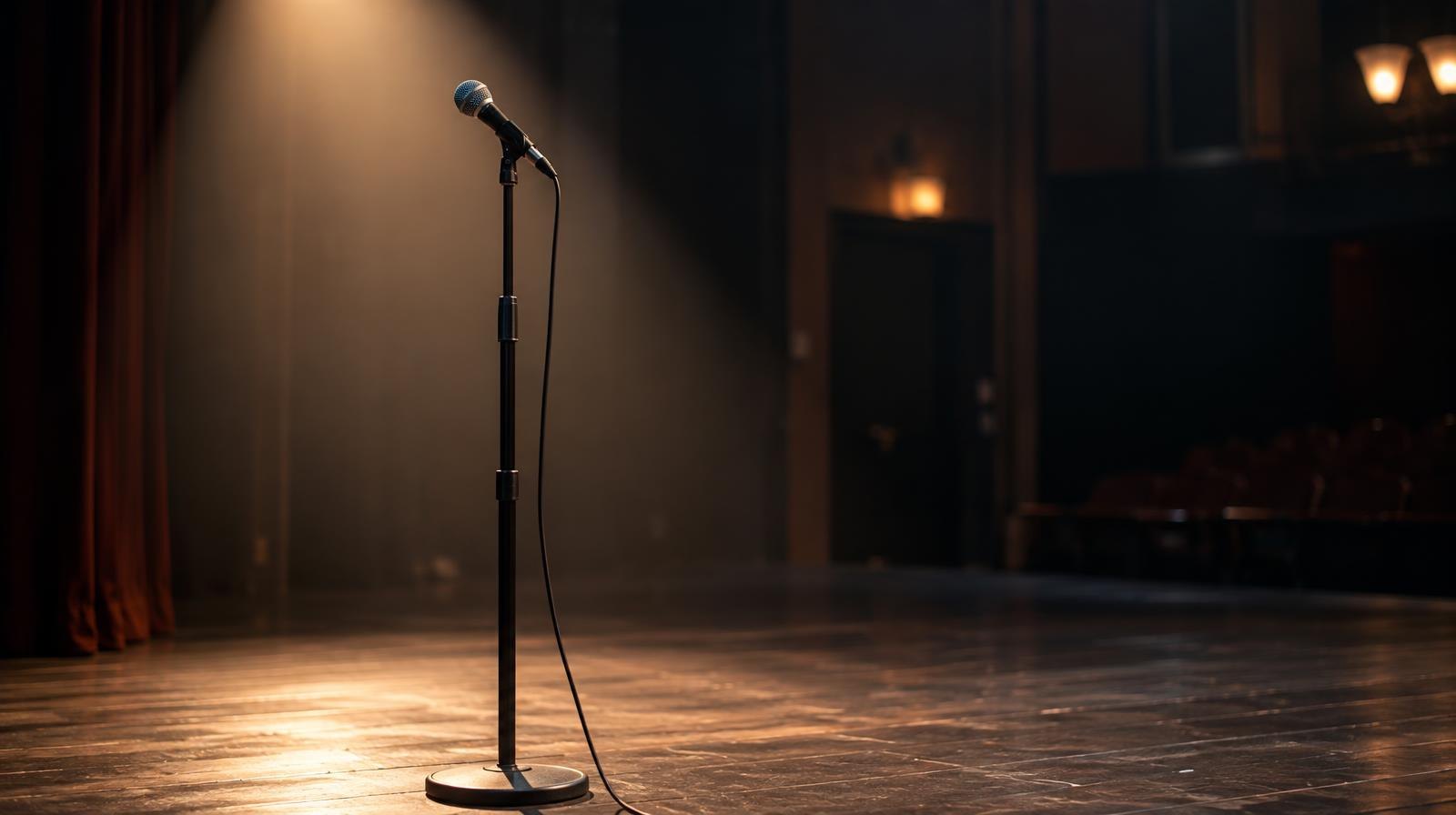 A single spotlight shines on a microphone stand on a dark stage.