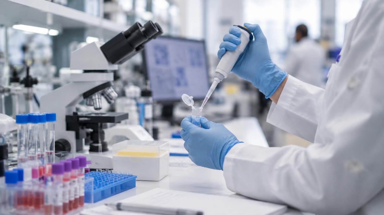 Rows of scientific equipment and sample vials on white laboratory benches.