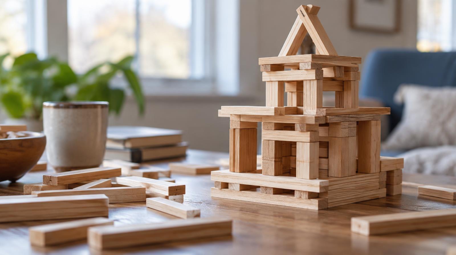 Wooden interlocking plank pieces assembled into a small structure on a flat surface.