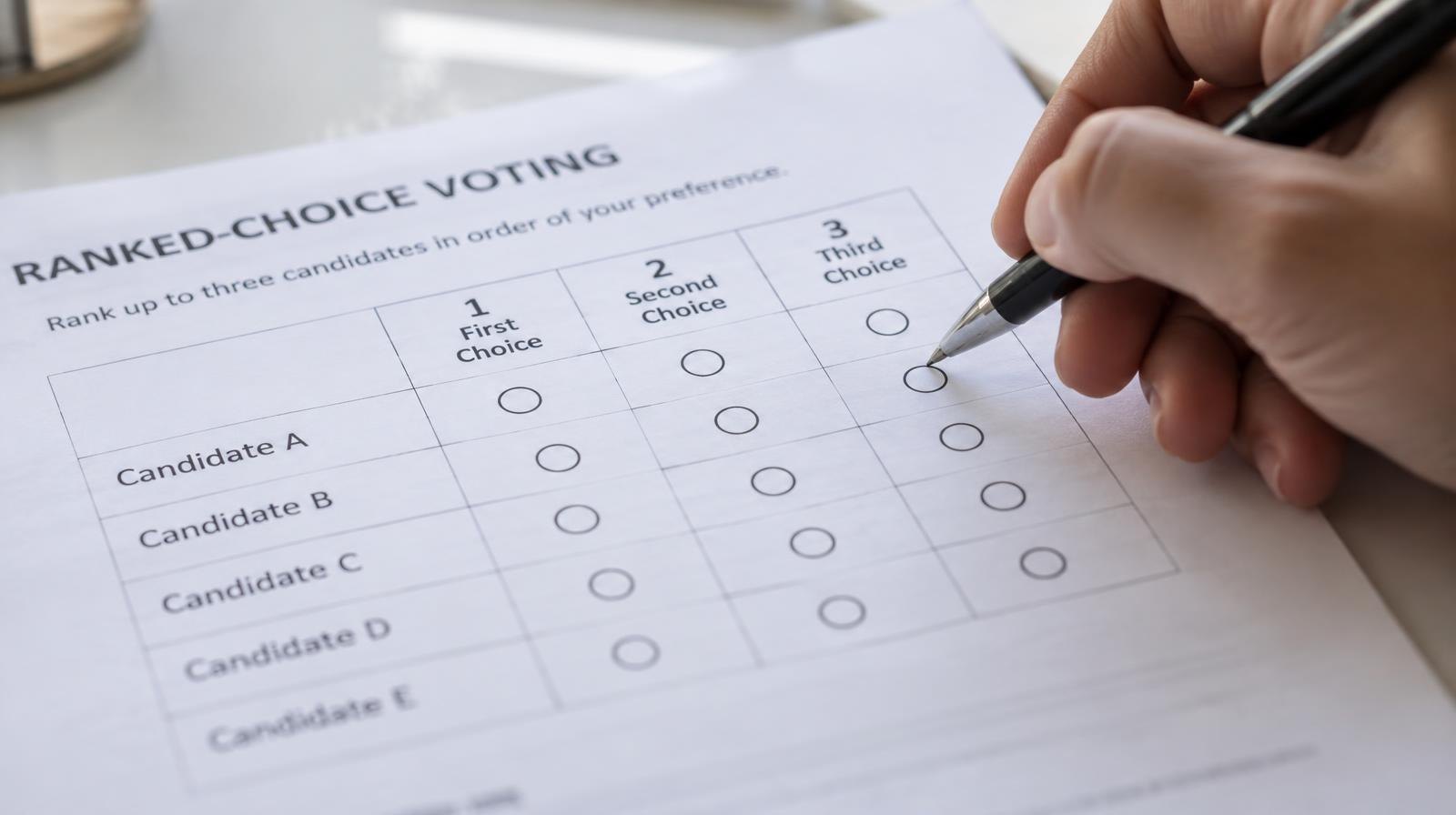 A paper ballot with numbered choice columns and a pen poised to mark a bubble.