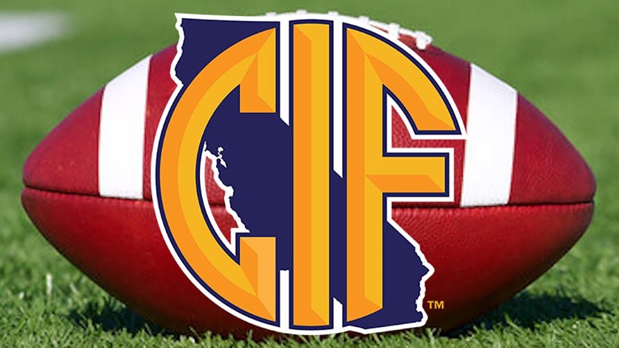 CIF California Interscholastic Federation logo in purple and gold over a football on grass.
