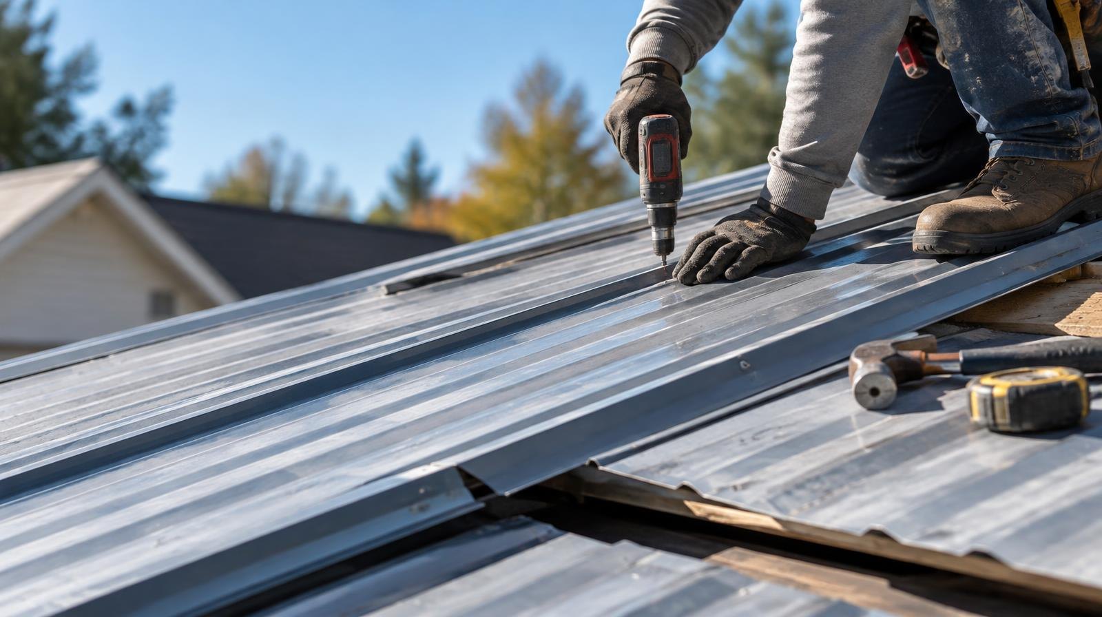 Overlapping corrugated metal roof panels on a residential house.