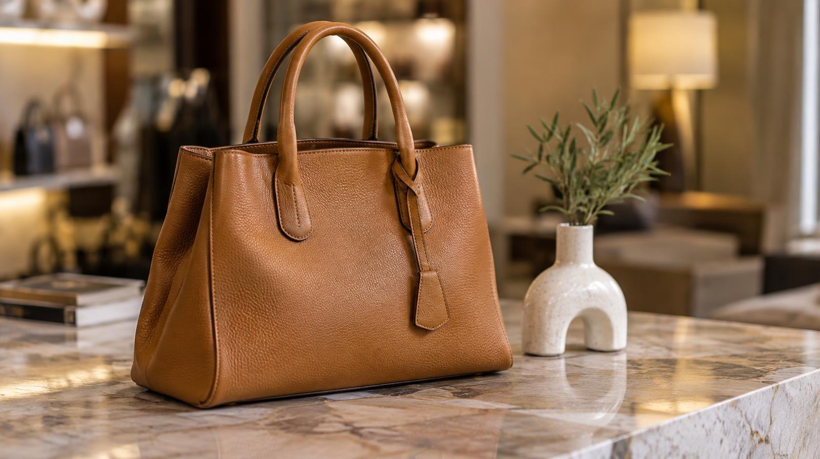 A leather handbag on a marble surface next to a small ceramic sculpture.