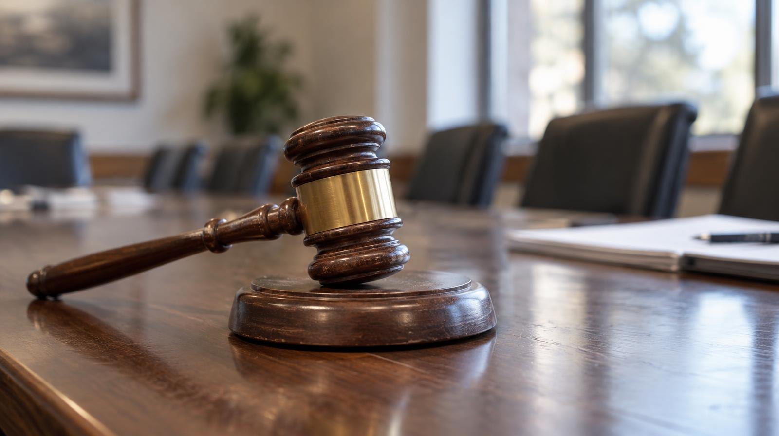 A wooden gavel resting on its sound block on a polished table.