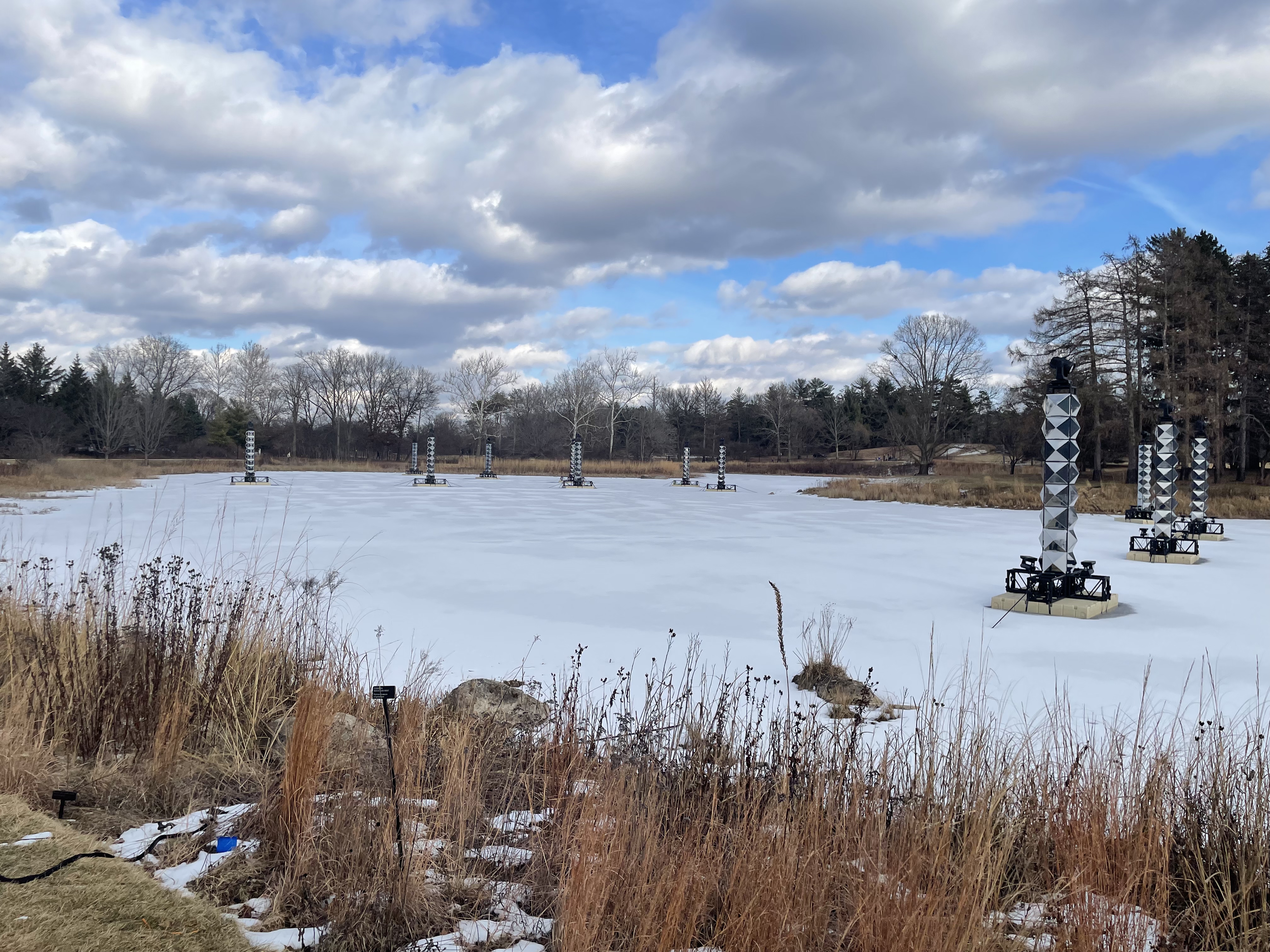 Frozen lake at a botanical garden in winter, with tall sculptural structures on the ice and bare trees behind.