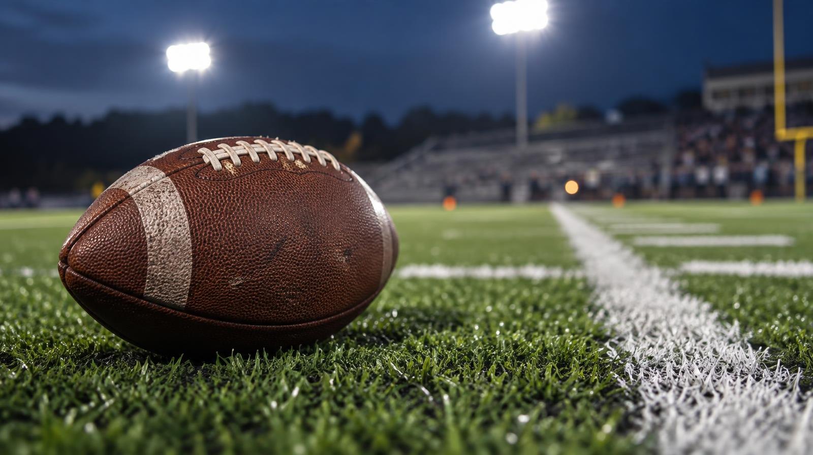 An American football resting on green artificial turf beside a white yard line.