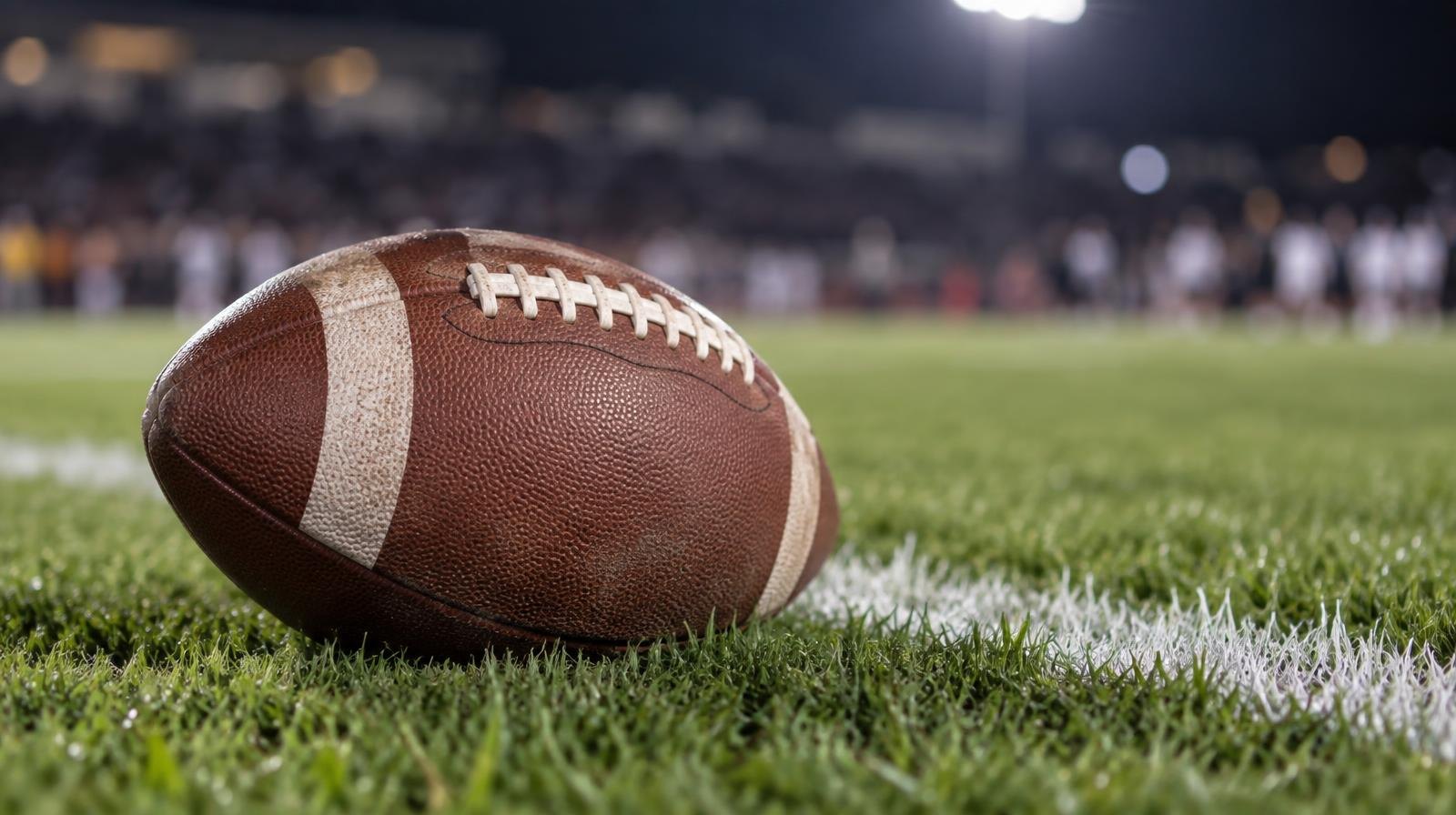 An American football resting on green grass beside a white yard line