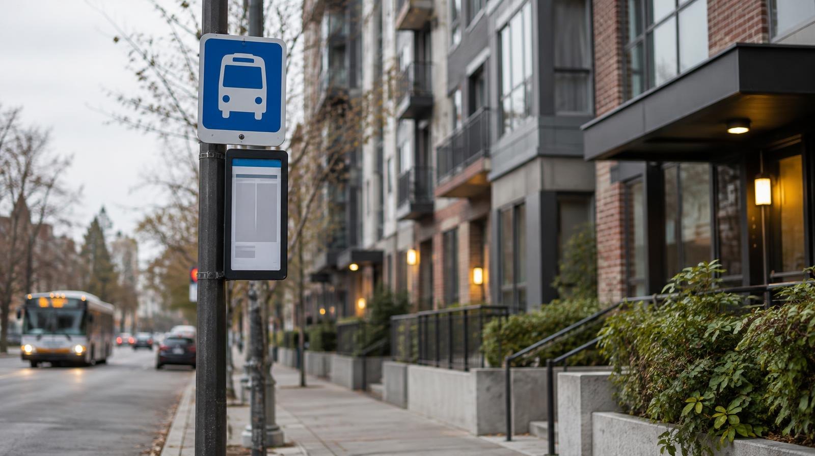 Multi-story apartment buildings along an urban street with a bus stop sign on the sidewalk.