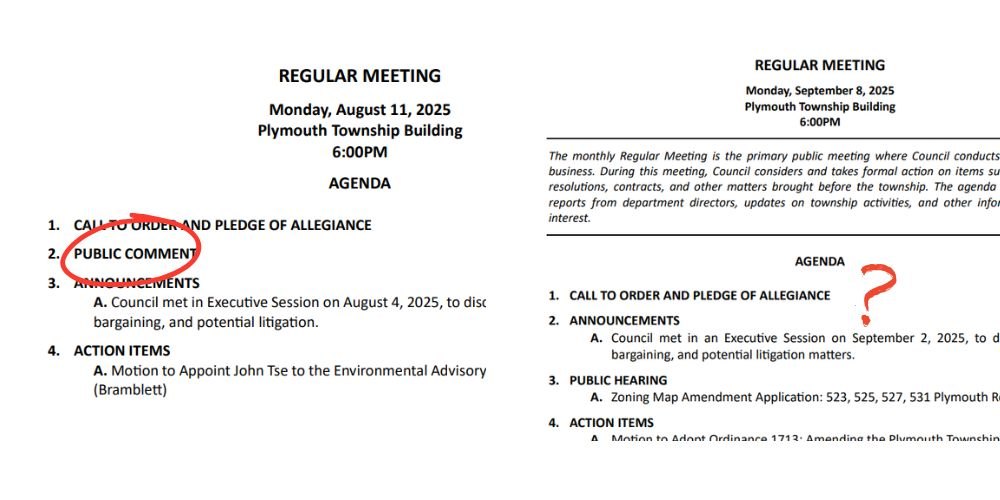 Side-by-side council meeting agendas with a red circle marking public comment on one and a question mark on the other.