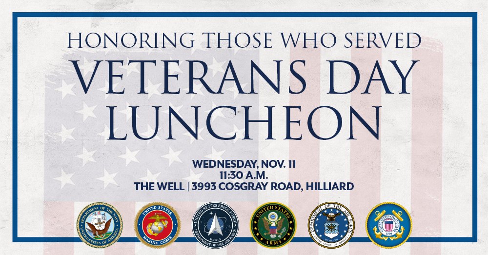 Event flyer with American flag background and military branch seals for a Veterans Day luncheon.
