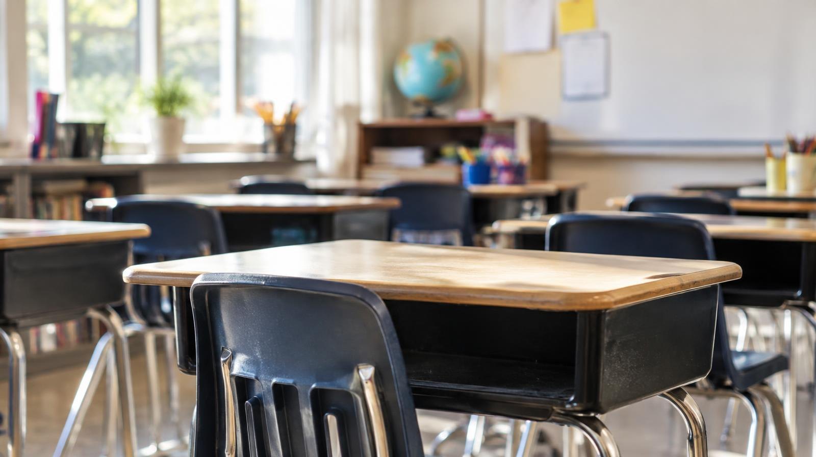 Rows of empty student desks in a sunlit school classroom.