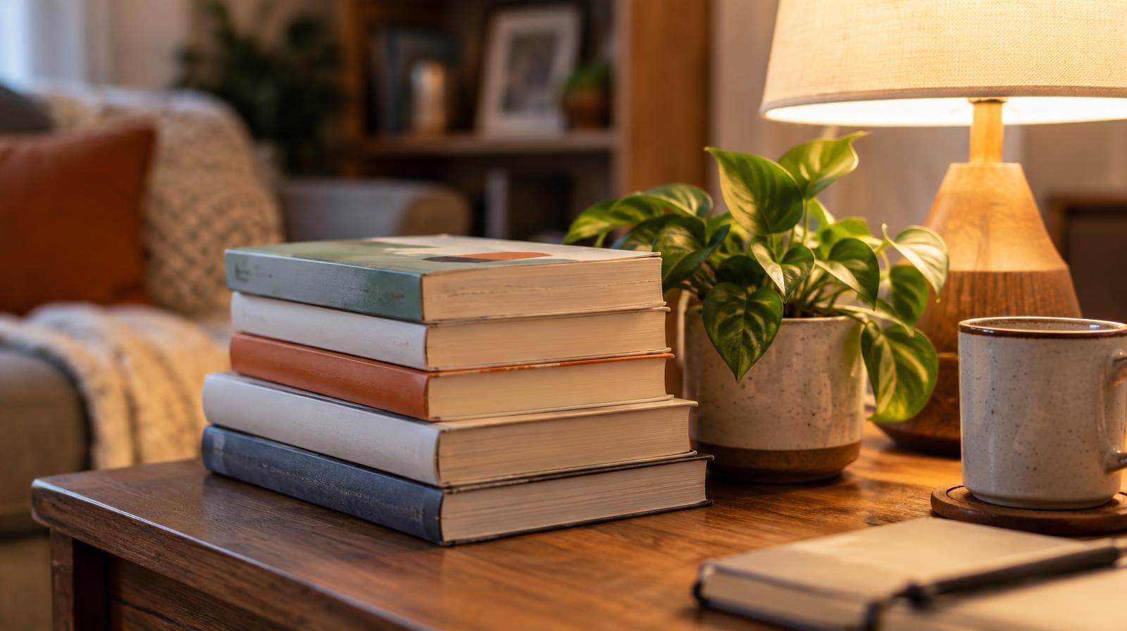 Stack of books beside a small plant and glowing lamp on a wooden table.