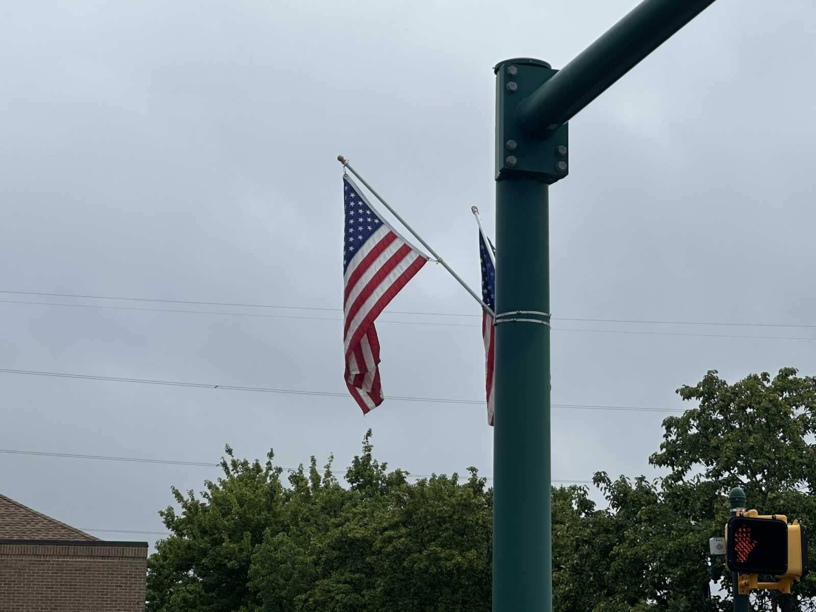 A U.S. flag hanging from a traffic signal pole against a gray, overcast sky with trees in the background.